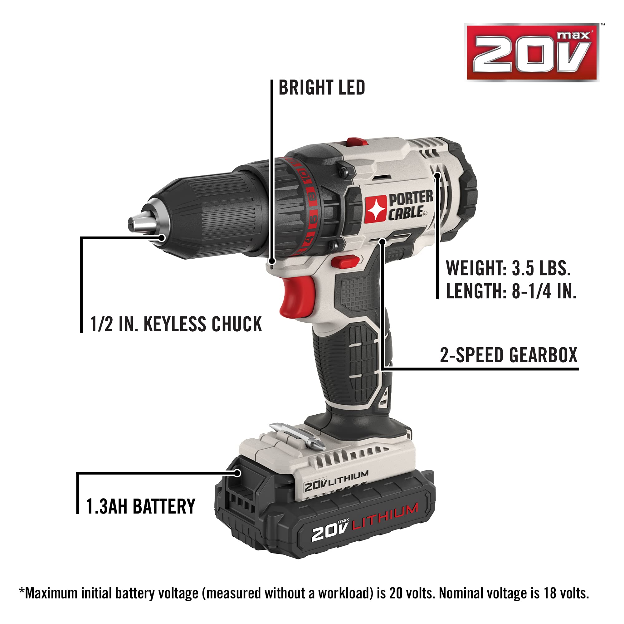 PORTER-CABLE 20V MAX* Cordless Drill/Driver, 1/2-Inch, Tool Only (PCC601LB)