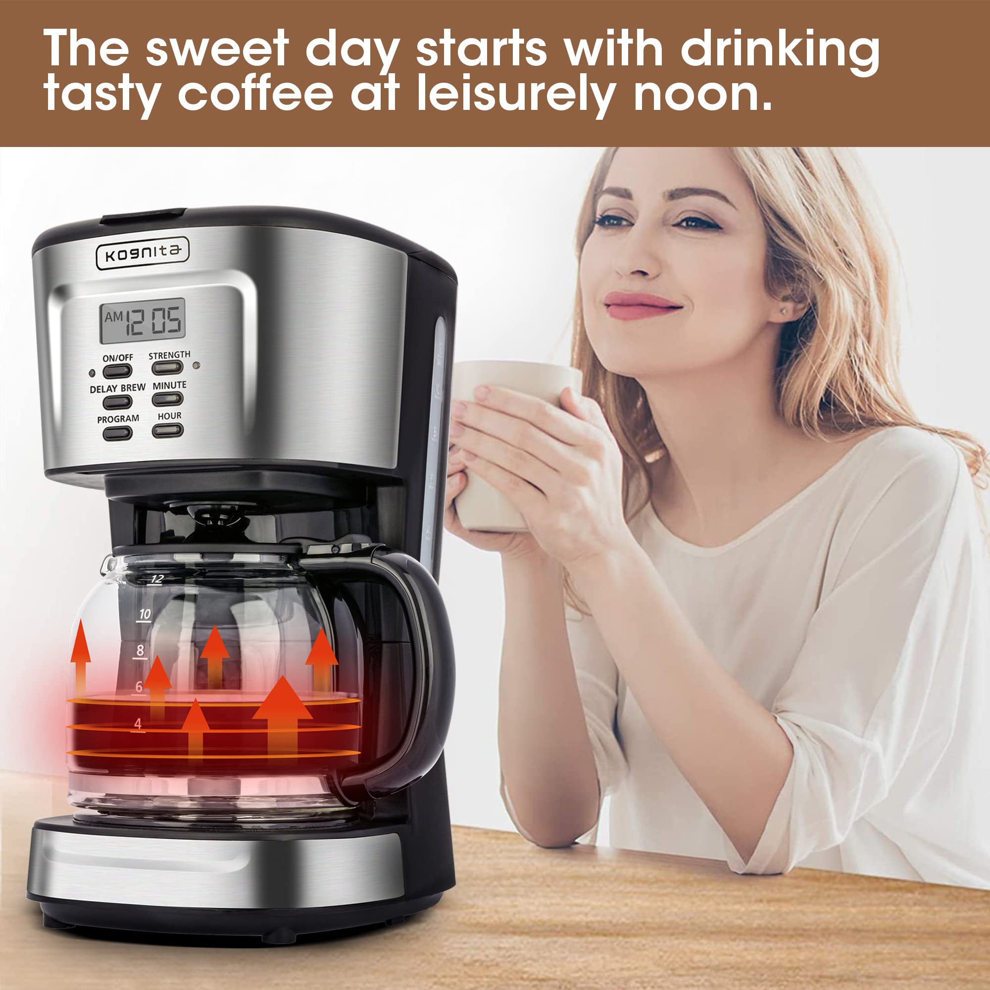 Kognita 12 Cup Coffee Maker, Programmable Small Coffee Maker with Glass Carafe and Filter, Dirp Coffee Maker Coffee Pot Machine, Keep Warm, Brew Strength Control, 900W Fast Brew Auto Shut Off, Stainless Steel