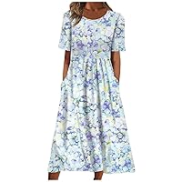 Summer Dresses 2023 Plus Size Women Casual Loose Boho Floral Dresses with Pockets Short Sleeve Beach Swing Dress