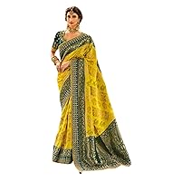 Mustard Yellow Wedding Traditional Wear Indian Women Pure Dola Silk Saree Blouse Bollywood Cocktail Design 1126