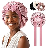 Satin Bonnet for Women Tie Band Hair Bonnet for Sleeping Large 2 Layered Silk Sleeping Cap Nightcap for Sleeping with 3PCS Hair Scrunchies (Dust rose(Bonus3 hair scrunchies))
