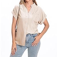 Women's Dressy Casual Tops Business Work Blouses Button Down V Neck Shirts 2024 Summer Cute Cap Sleeve Tshirt (Hot Pink,XX-Large) Cotton Linen Shirt