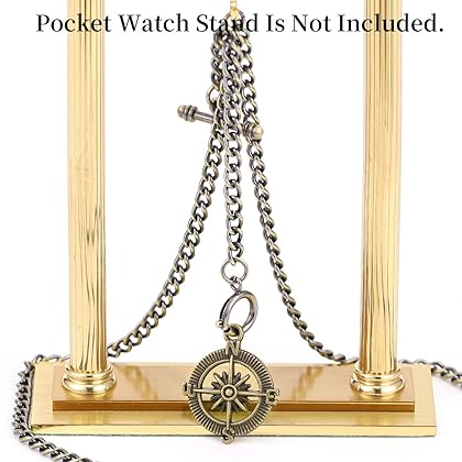 ManChDa Double Albert Chain Pocket Watch, Curb Link Chain 3 Hook Antique Plating Shield Design Fob T Bar for Men with Compass