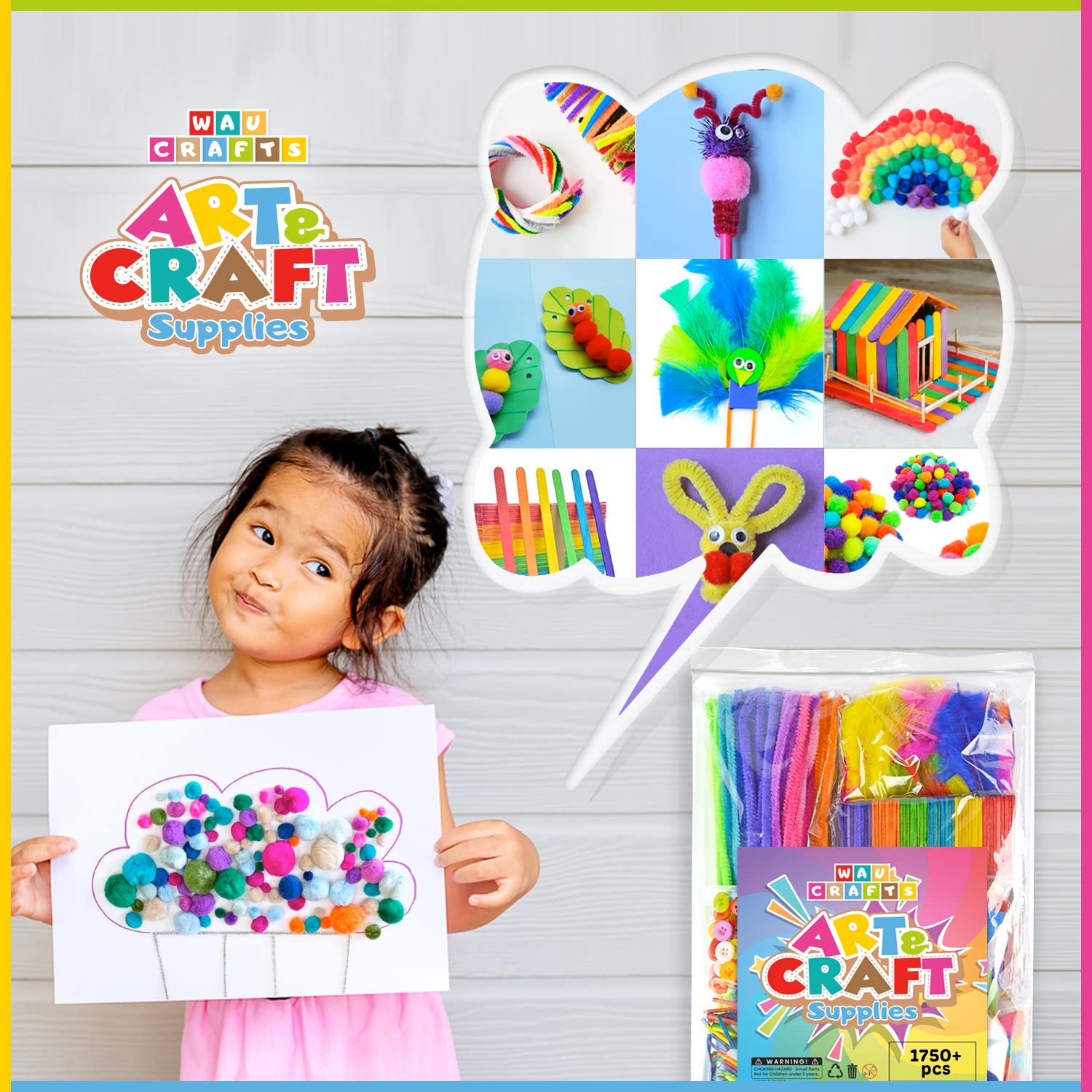 WAU CRAFTS Arts and Crafts Supplies for Kids - 1750 pcs Crafting for School Kindergarten Homeschool - Supplies Set for Kids Craft Art - Supply Kit for Toddlers and Kids Age 2 3 4 5 6 7 8 9