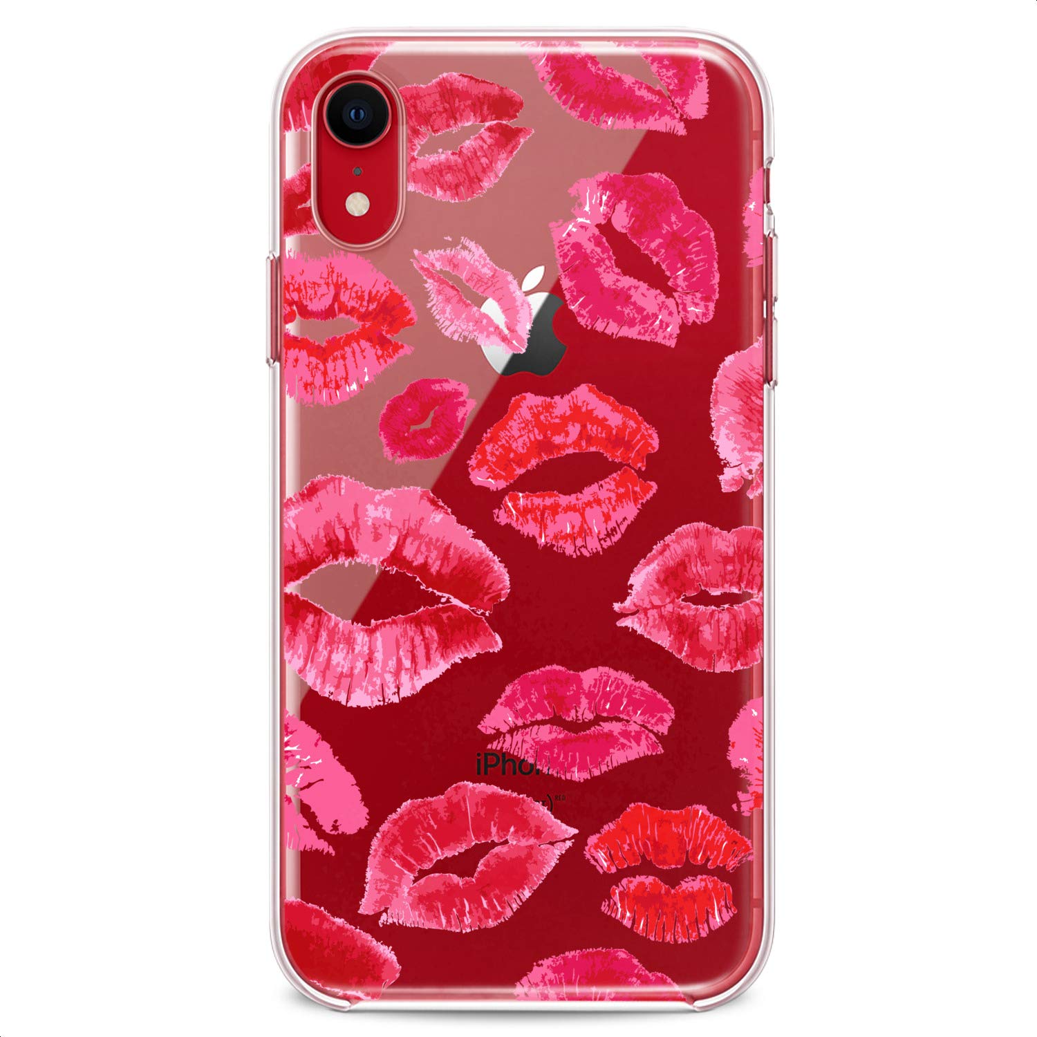 Cavka TPU Case Compatible with iPhone 15 14 13 12 11 Pro Max Plus Mini Xs Xr X 8+ 7 6 5 SE Red Kisses Flexible Silicone Clear Slim fit Female Design Cute Bright Big Lips Pink Print Girlish Lipstick