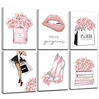 FRAMED Pink Makeup Room Canvas Wall Art, Fashion Woman Picture Wall Decor Paintings, Watercolor Perfume High Heels Lipstick Beauty Room Decor Pictures Arts for Girls Women Room Decor, (Set of 6, 8x10 in, Framed)