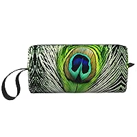 Green Peacock Feather Printed Portable Cosmetic Bag Zipper Pouch Travel Cosmetic Bag, Daily Storage Bag