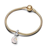 Pandora Moments 762985C01 Bicolour Key & Moon Charm Pendant Made of Sterling Silver with Gold-Plated Metal Alloy, Cubic Zirconia, Compatible Moments Bracelets, 925 sterling silver 14GO, Created Opal