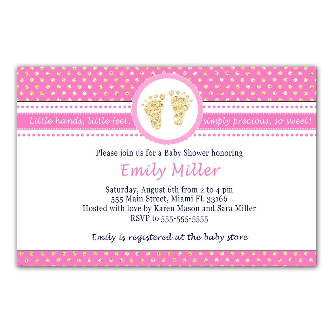 30 Invitations Girl Baby Shower Pink Gold Footprints Personalized Photo Paper