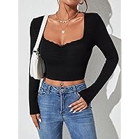 Womens Tops Sweetheart Neck Lace Trim Crop Tee (Color : Black, Size : XX-Small)