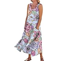 Linen Dress Floaty Lounges Flower Patterned Cool Baggy O-Neck Maxi Trending Sleeveless Boho Summer Dress with Pockets