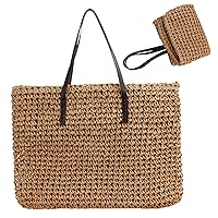 Straw Bag Fashion Summer Beach Bags for Women Large Capacity woven Shoulder Purse with Zipper Handbags for Pool Vocation Light Brown