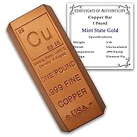 1 Pound Copper Bar Ingot Paperweight - 999 Pure Chemistry Element Design with Certificate of Authenticity by Mint State Gold