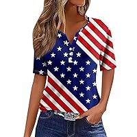 Womens 4th of July Tshirt,Independence Day Shirts for Women Short Sleeve V Neck Button Tops USA Flag Stars Stripes Print Patriotic Blouse 4th of July Button Down Shirt Women