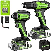 Greenworks 24V Brushless Cordless Drill Impact Driver Combo kit, 1/2”Drill & 1/4”Hex Impact Driver Power Tool Kit, Included 2 Batteries, 1 Charger, 8 pcs Bit Set & Bag, Green