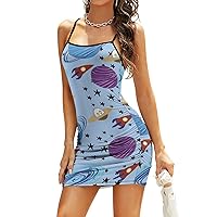 Space Comets Sleeveless Mini Dresses for Women Backless Adjustable Slip Sundress Party Club