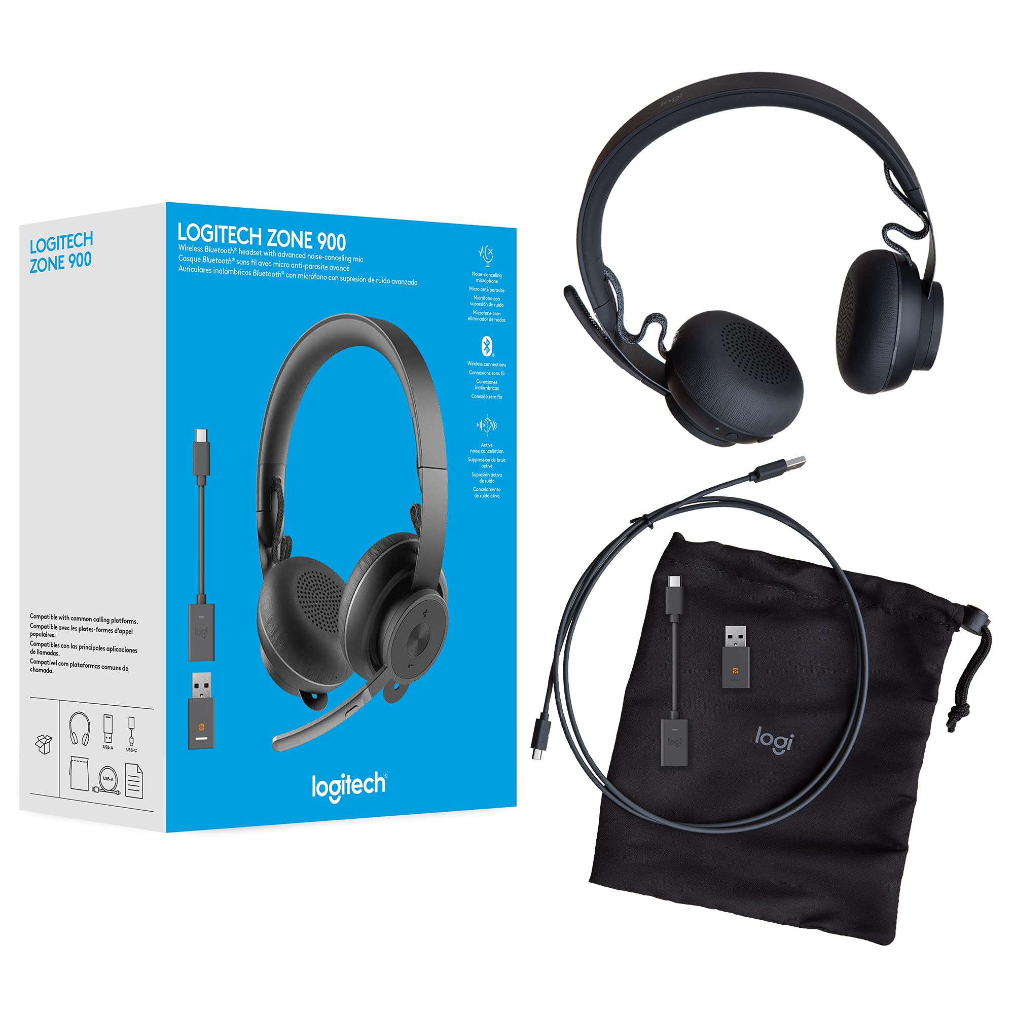 Logitech Zone 900 On-Ear Wireless Bluetooth Headset with Advanced Noise-canceling Microphone, Connect up to 6 Wireless Devices with one Receiver, Quick Access to ANC and Bluetooth