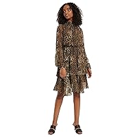 Elina fashion Women's Faux Georgette Flared Mini Long Sleeve Printed Dress High Neck Summer Casual Tiered Dresses