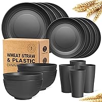 Teivio 16-Piece Kitchen Plastic Wheat Straw Dinnerware Set, Service for 4, Dinner Plates, Dessert Plate, Cereal Bowls, Cups, Unbreakable Plastic Outdoor Camping Dishes, Black