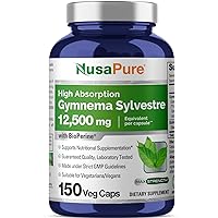 Gymnema Sylvestre 12500 mg Per Vegan Caps - 150 Count - 50:1 Extract (Non-GMO, Gluten Free, Bioperine)