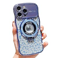 for iPhone 15 Pro Max Glitter Bling Leopard Print Electroplated Case,Compatible with MagSafe Kickstand,Cute Curled Wave Edge Phone Cover,Large Window Full Camera Protection,6.7 inche,Blue