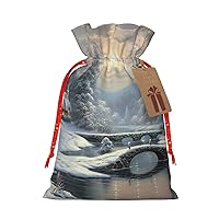 BONDIJ Winter Snow Scene Christmas Gift Bags Reusable Christmas Drawstring Bags with Kraft Tags Xmas Party Favor Bags for Holiday Wrapping Presents