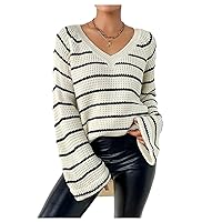 GORGLITTER Women's Striped Oversized Sweaters Color Block V Neck Long Bell Sleeve Pullover Top Y2K Clothes