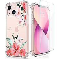 RoseParrot case for iPhone 13 with Screen Protector + Ring Holder + Waterproof Pouch, Clear with Floral Pattern Design, Soft&Flexible Bumper Shockproof Protective Cover（Colorfly）