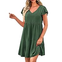 Summer Outfits for Women, Casual Dresses Mini Sundresses Solid Cap Sleeve V Neck Tiered Ruffle Dress, S, XXL