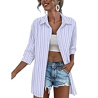 Zeagoo Women Cotton Linen Shirt Casual Button Down 3/4 Sleeve Blouses Casual Oversized Tops