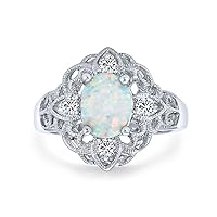 Bling Jewelry Vintage Style Cubic Zirconia Ornate Filigree Oval Flower White Created Opal Boho Full Finger Ring .925 Sterling Silver