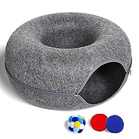 Cat Tunnel Bed for Indoor Cats with 3 Toys, Scratch Resistant Donut Cat Bed, Up to 9 Lbs (M 20x20x9, Dark Grey)