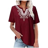 Linen Shirts for Women 2024 Summer Tops Short Sleeve Boho Blouses Loose Fit Tshirts Ethnic Print Tunic Tops Soft Tees, Boho Tops for Women, Blouses for Women Dressy Casual