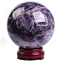 JIC Gem Large Crystal Ball Chevron Amethyst Healing Crystals Sphere with Wooden Stand Meditation Home Decor 3.5-4 inch (90-100mm)