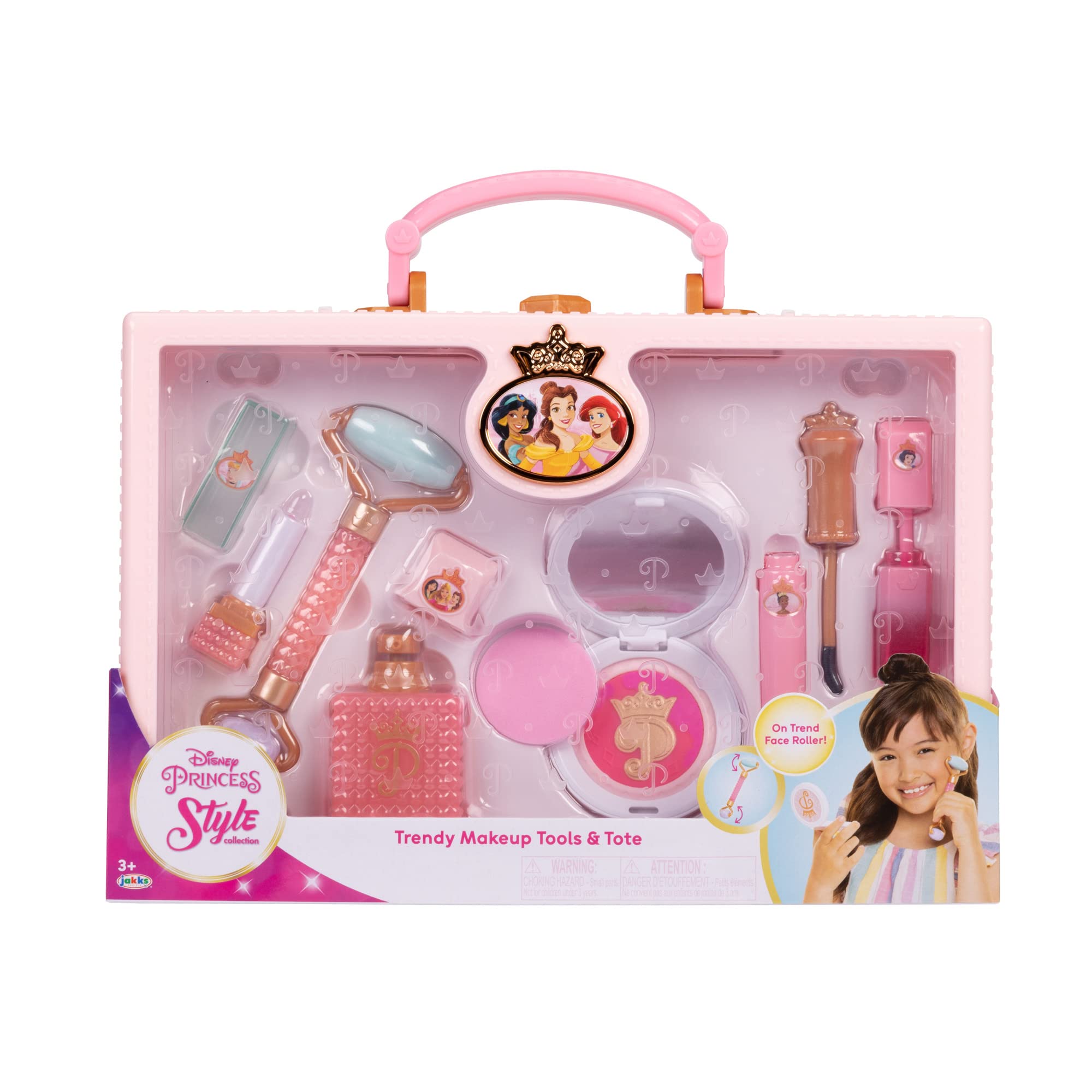 Disney Princess Style Collection Girls Trendy Makeup Tote Bag, Trendy Pretend Play Makeup Tools, Including a Face Roller, Comes with 8 Different Play Tools