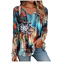 Oversized Tshirts for Women,Long Sleeve Tops for Women V Neck Printed Fashion Summer Y2K Blouse Casual Loose Fit Oversized Tunic T Shirts Summer Dresses for Women 2024