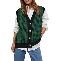Viottiset Women's Oversized Houndstooth Sweater Vest V Neck Button Sleeveless Knit Cardigan