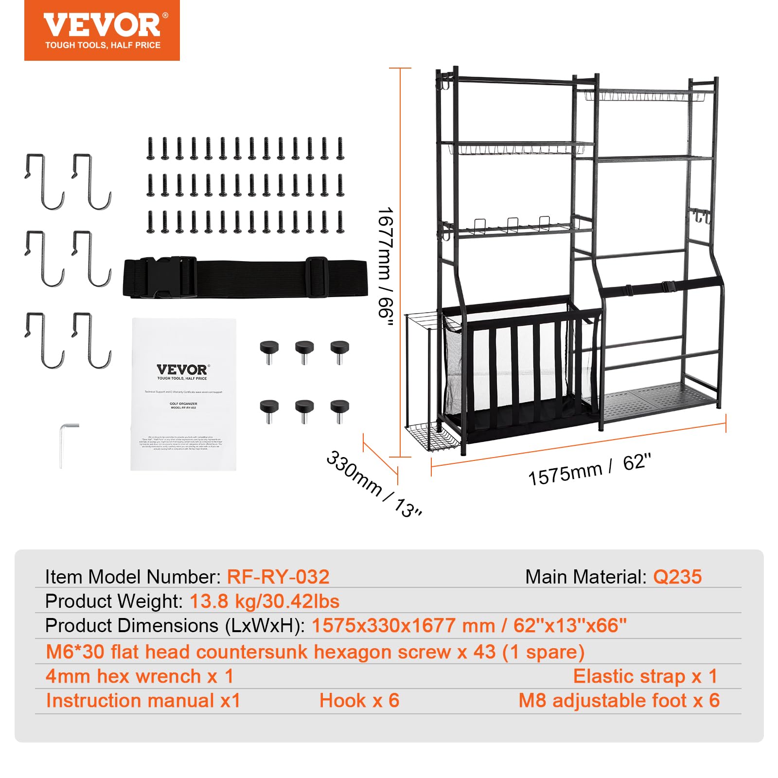 VEVOR Golf Storage Garage Organizer, 2 Golf Bag Storage Stand Holder and Other Sports Equipment Storage Rack, Outdoor Steel Ball Cart, Sports Gear and Toys Storage Shelves with Baskets & Hooks, Black