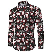 Mens Christmas Shirts Long Sleeve Floral Printed Button Up Tops Funny Cute Xmas Reindeer Tree Graphic Dress Shirts