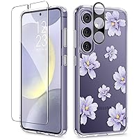 for Samsung Galaxy S24 Case Floral, with Screen Protector & Camera Lens Protector, Hard PC&TPU Bumper Clear Shockproof Protective Women Phone Cover 6.2
