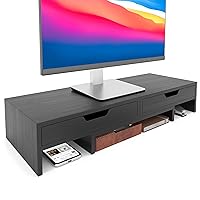 Monitor Stand with 2 Storage Drawers, Premium Bamboo Dual Monitor Stand Riser with Adjustable Length and Angle, Desk Organizer for Computer Laptop, No Assembly Required, Black
