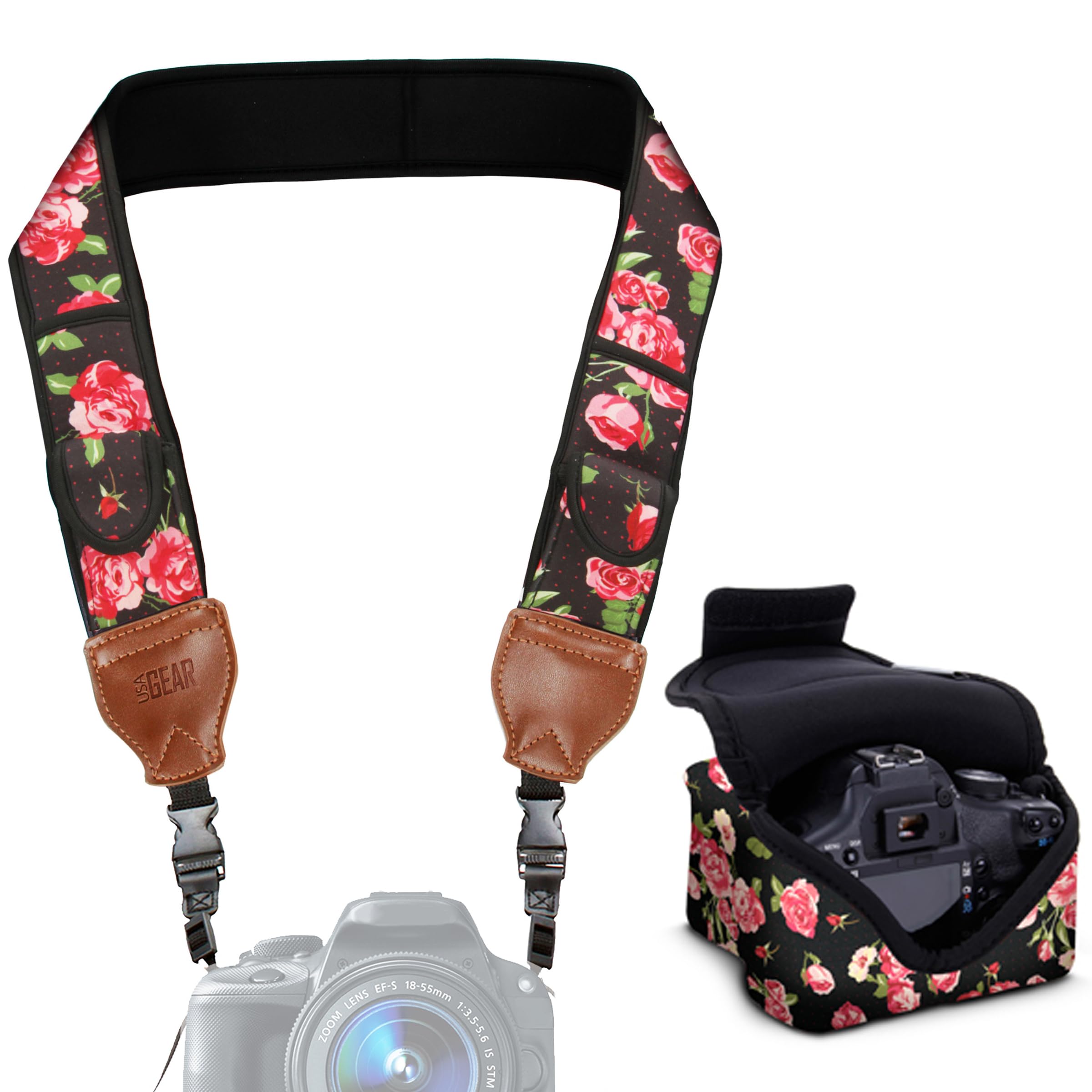 USA Gear DSLR Camera Sleeve with Neoprene Protection and TrueSHOT Padded Camera Neck Strap - Durable, Lightweight and Water Resistant - Compatible with Canon, Nikon, Sony and More Cameras (Floral)