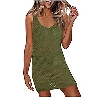 Summer Beach Dresses for Women Holiday Vacation Sexy Mesh Eyelet Knitted Cover up Crochet Hollow Out Swim Tank Dress
