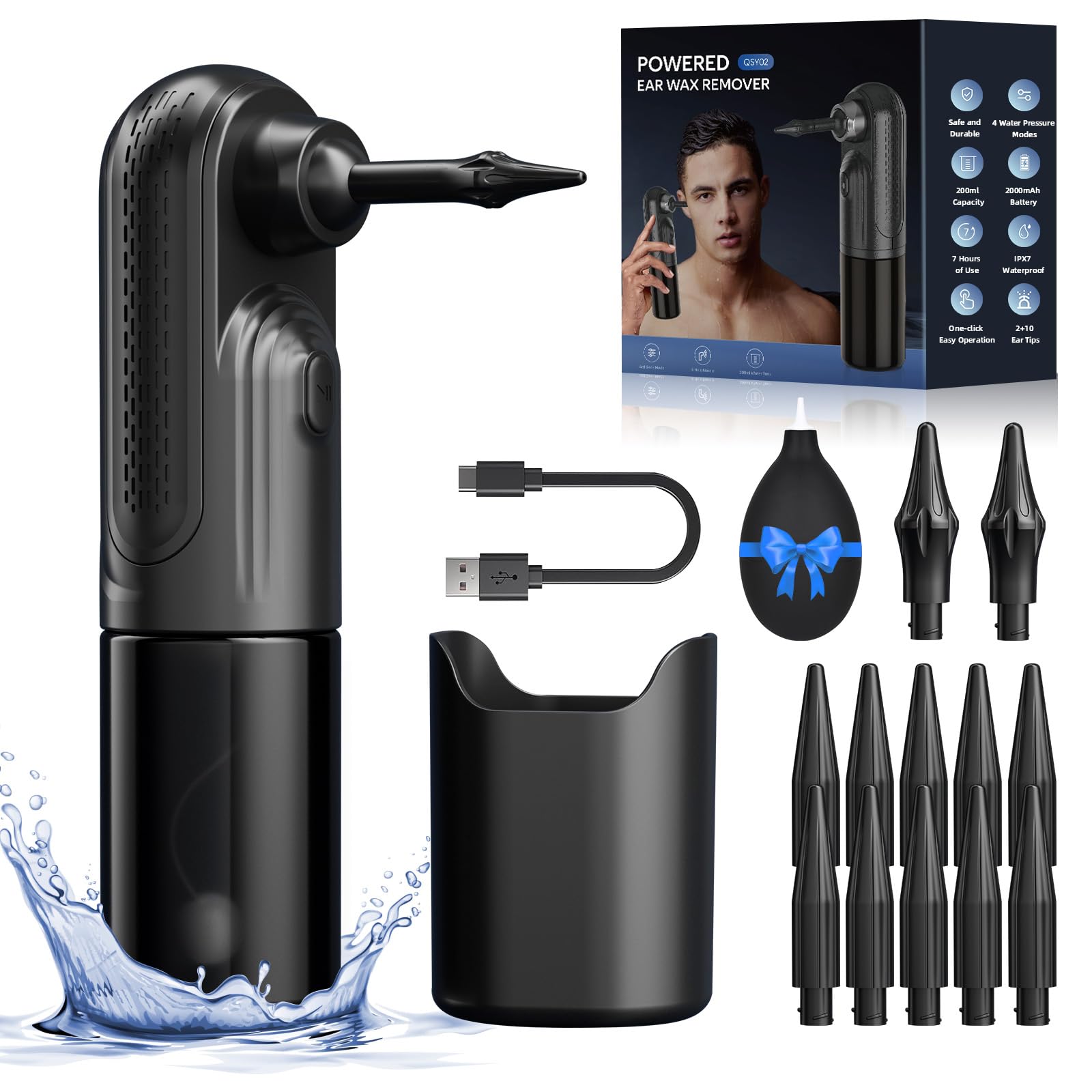 Ear Wax Removal Cleaning Kit - The Water Powered Ear Cleaner with 12 Reusable Replacement Tips - 4 Modes - Safe & Effective for Ear Wax Buildup - Electric Ear Wax Removal Kit