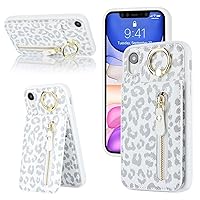 iPhone XR Phone case Wallet for Women, iPhone XR Phone case with Card Holder with Credit Card with Ring Kickstand Zipper Shockproof Slim Stand Case for iPhoneXR - White Leopard