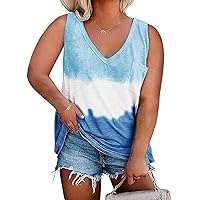 Plus Size Tank Tops for Women Summer Sexy V Neck Sleeveless T-Shirts Tops Casual Loose Tie Dye Tees Shirts with Pocket