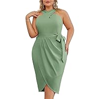 Hanna Nikole Plus Size Dresses for Curvy Women Halter Neck Sleeveless Wrap Front Ruched Bodycon Dress Party Dress