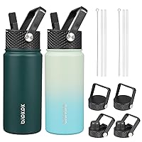 BJPKPK 2 Pack Insulated Water Bottles with Straw Lids, 18oz Stainless Steel Metal Water Bottle with 6 Lids, Leak Proof BPA Free Thermos, Cups, Flasks for Travel, Sports (Army Green+Mint)