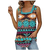 Womens Tank Tops Western Aztec Ethnic Blouse Loose Fit Square Neck Summer Top Pleated Curved Hem Sleeveless Shirts
