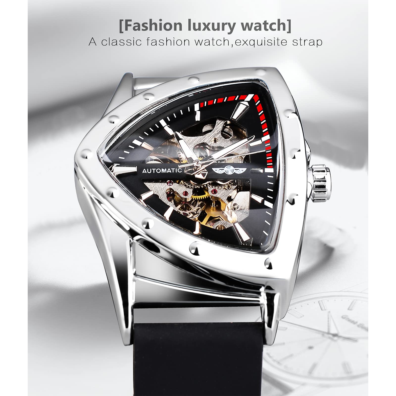 FORSINING Skelett-Uhren für Herren, automatische mechanische Uhr mit dreieckigem Zifferblatt, leuchtende selbstaufziehende Uhren Edelstahl-Armband oder weiches Silikonband